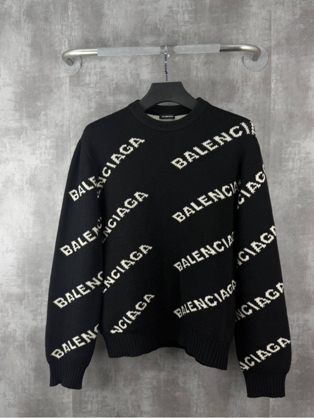 Balenciaga Black Crewneck Sweater with White Logo Pattern